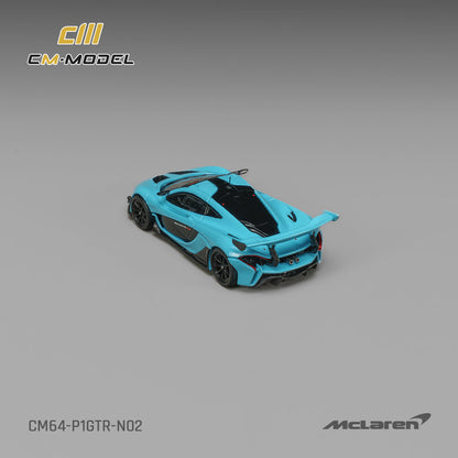CM Model 1:64 McLaren P1 GTR Iridium Blue – CM64-P1GTR-N02 – elevated rear view showing wing and bodywork