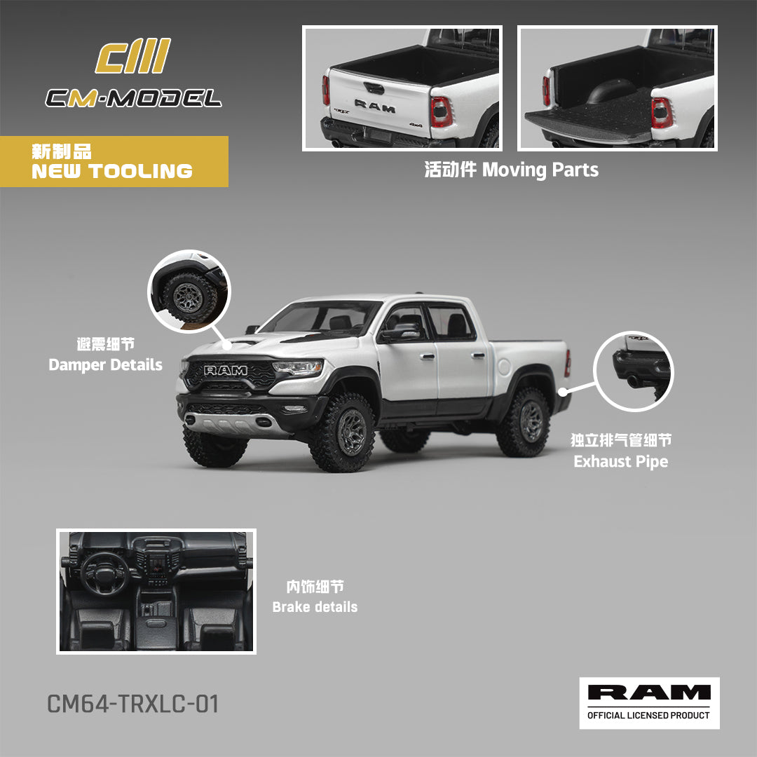 CM Model 1:64 2024 Ram 1500 TRX Final Edition Diamond White – CM64-TRXLC-01 – manufacturer detail sheet showing opening tailgate, interior and exhaust