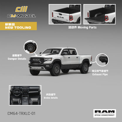 CM Model 1:64 2024 Ram 1500 TRX Final Edition Diamond White – CM64-TRXLC-01 – manufacturer detail sheet showing opening tailgate, interior and exhaust