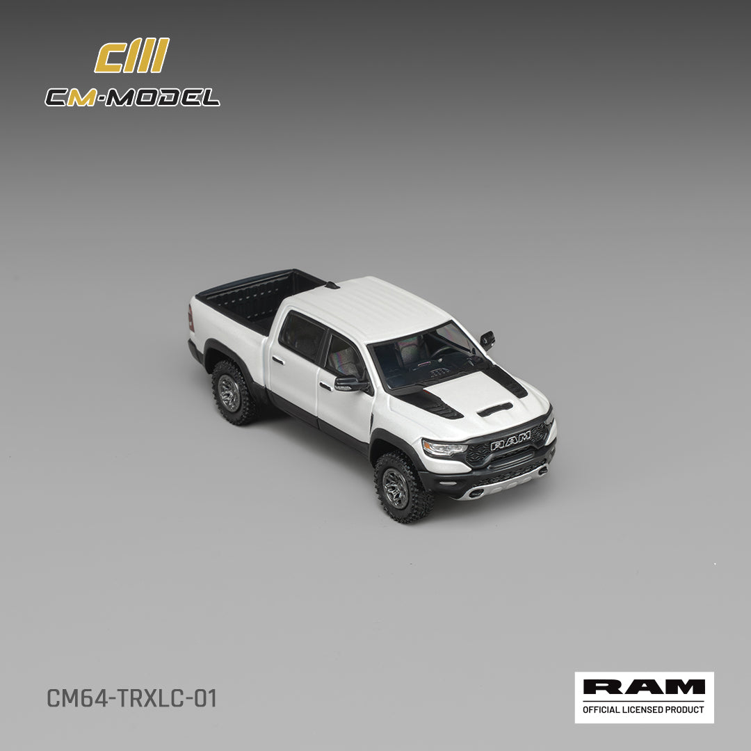 CM Model 1:64 2024 Ram 1500 TRX Final Edition Diamond White – CM64-TRXLC-01 – elevated front view showing bonnet and pickup bed
