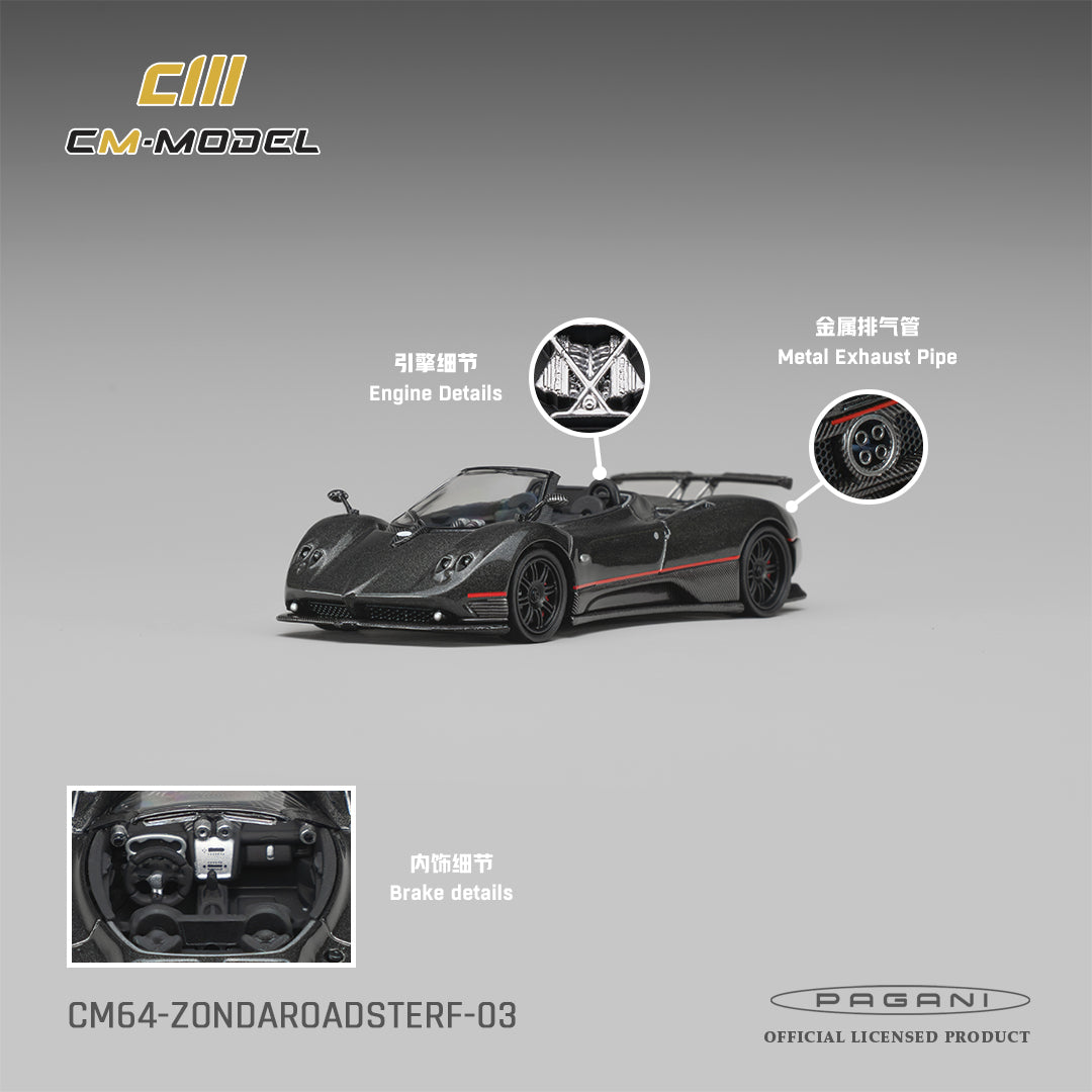 CM Model 1:64 Pagani Zonda F Roadster Montecarlo Gray – CM64-ZONDAROADSTERF-03 – manufacturer detail sheet showing cockpit, engine and metal exhaust