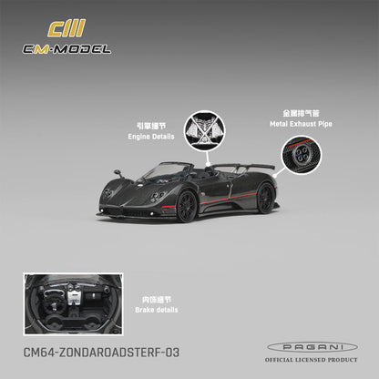CM Model 1:64 Pagani Zonda F Roadster Montecarlo Gray – CM64-ZONDAROADSTERF-03 – manufacturer detail sheet showing cockpit, engine and metal exhaust