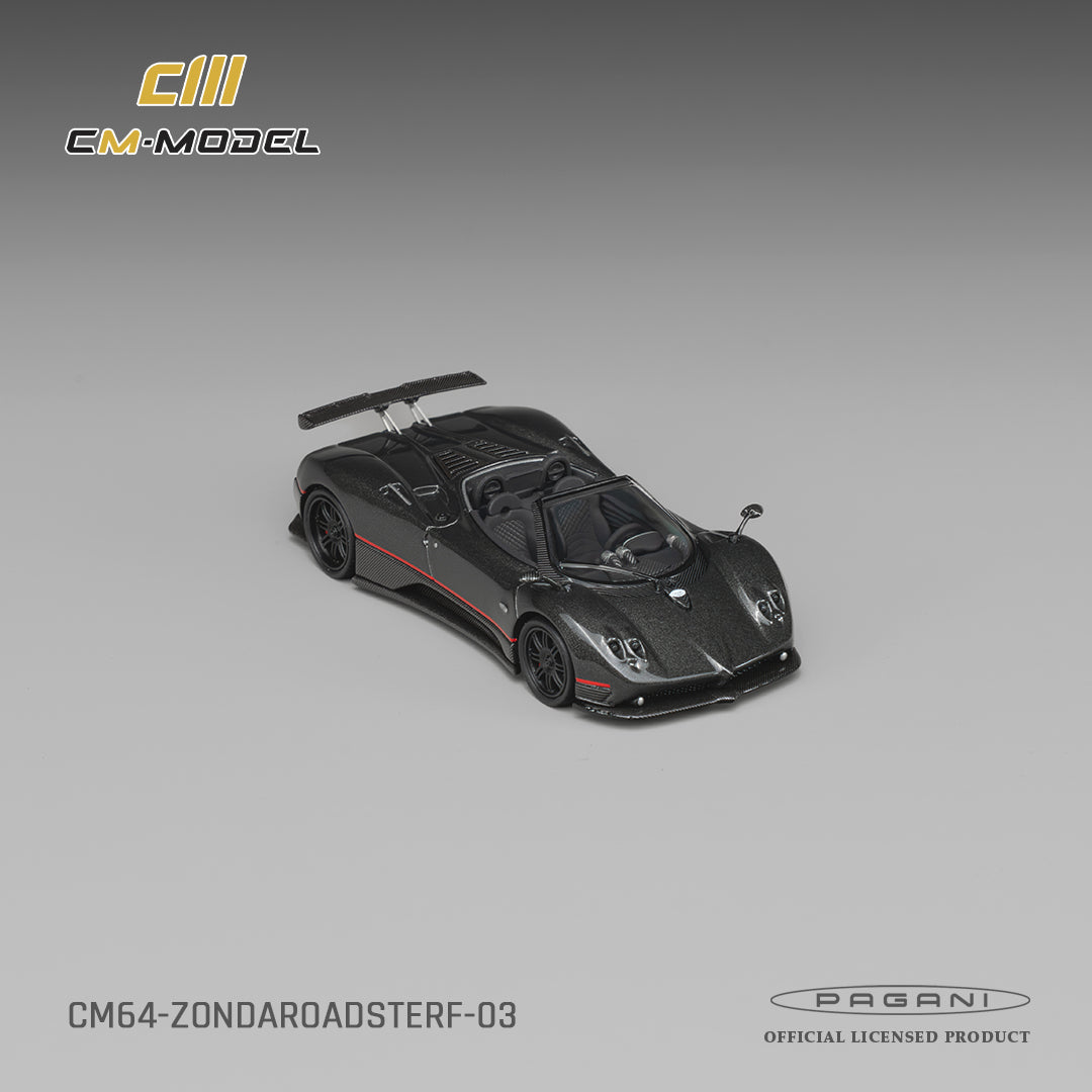 CM Model 1:64 Pagani Zonda F Roadster Montecarlo Gray – CM64-ZONDAROADSTERF-03 – elevated view showing the open cockpit