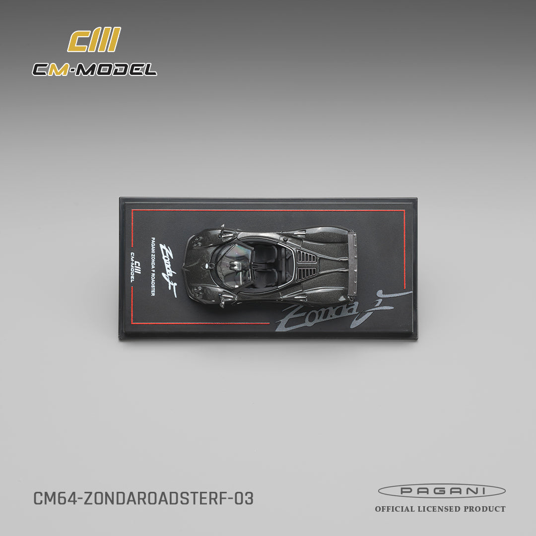 CM Model 1:64 Pagani Zonda F Roadster Montecarlo Gray – CM64-ZONDAROADSTERF-03 – model shown on branded display base