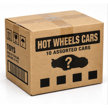 Hot Wheels mystery box with 10 assorted mainline, Silver Series or themed cars, brown shipping-carton illustration; contents vary