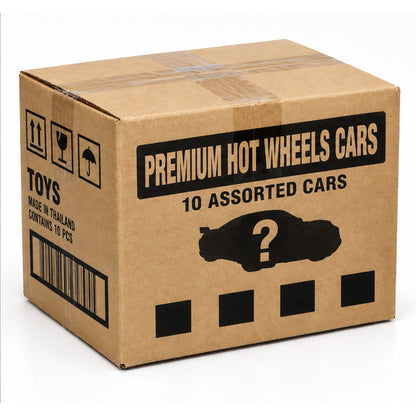 Premium Hot Wheels mystery box with 10 assorted carded premium cars, brown shipping-carton illustration; contents vary