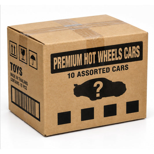 Premium Hot Wheels mystery box with 10 assorted carded premium cars, brown shipping-carton illustration; contents vary