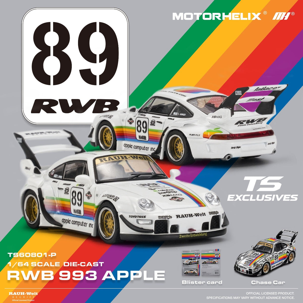 Motorhelix x TS Exclusives 1:64 RWB 993 Apple #89 – TS60801-P – manufacturer artwork showing regular model, blister pack and chase reference