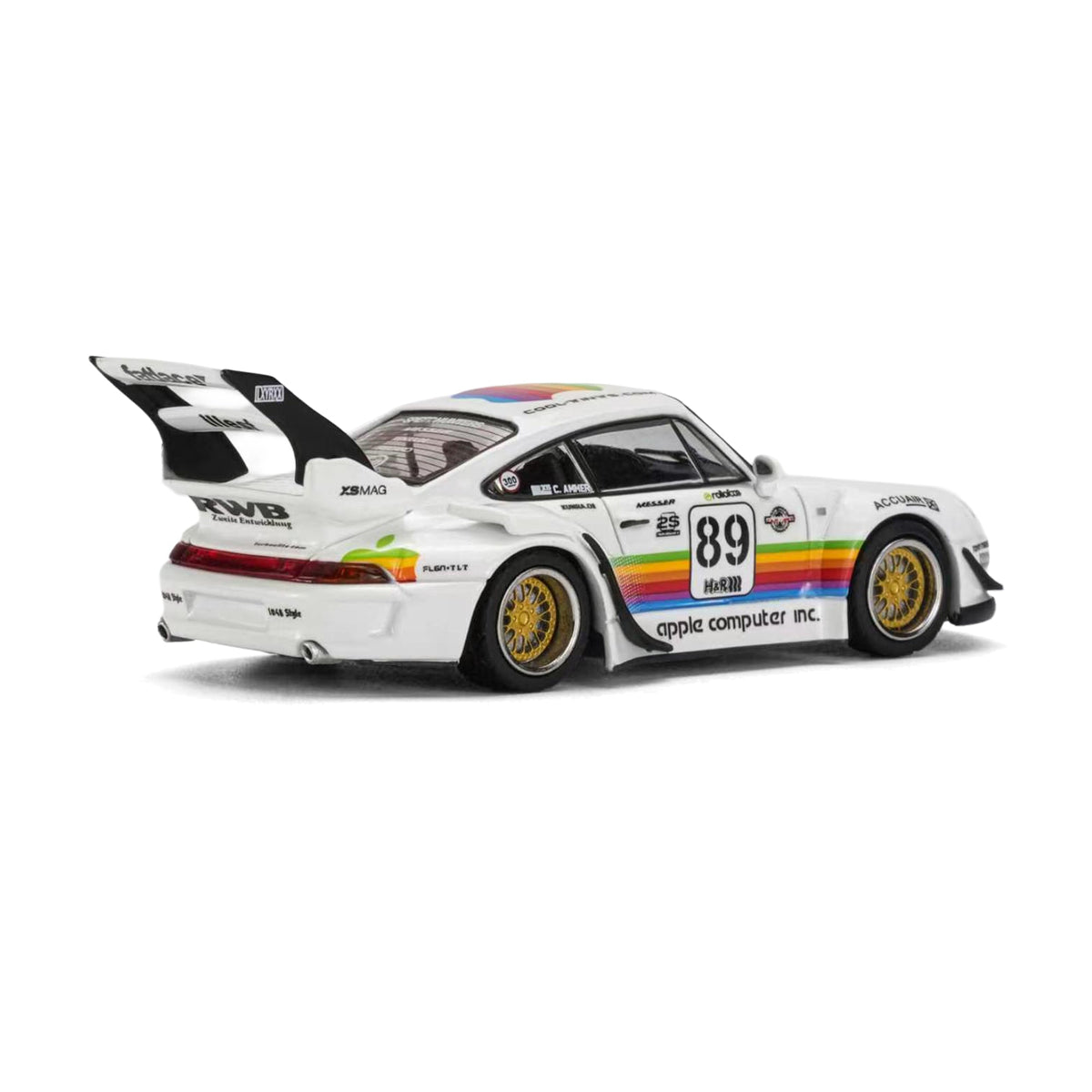Motorhelix x TS Exclusives 1:64 RWB 993 Apple #89 – TS60801-P – rear three-quarter view showing rainbow livery and rear wing