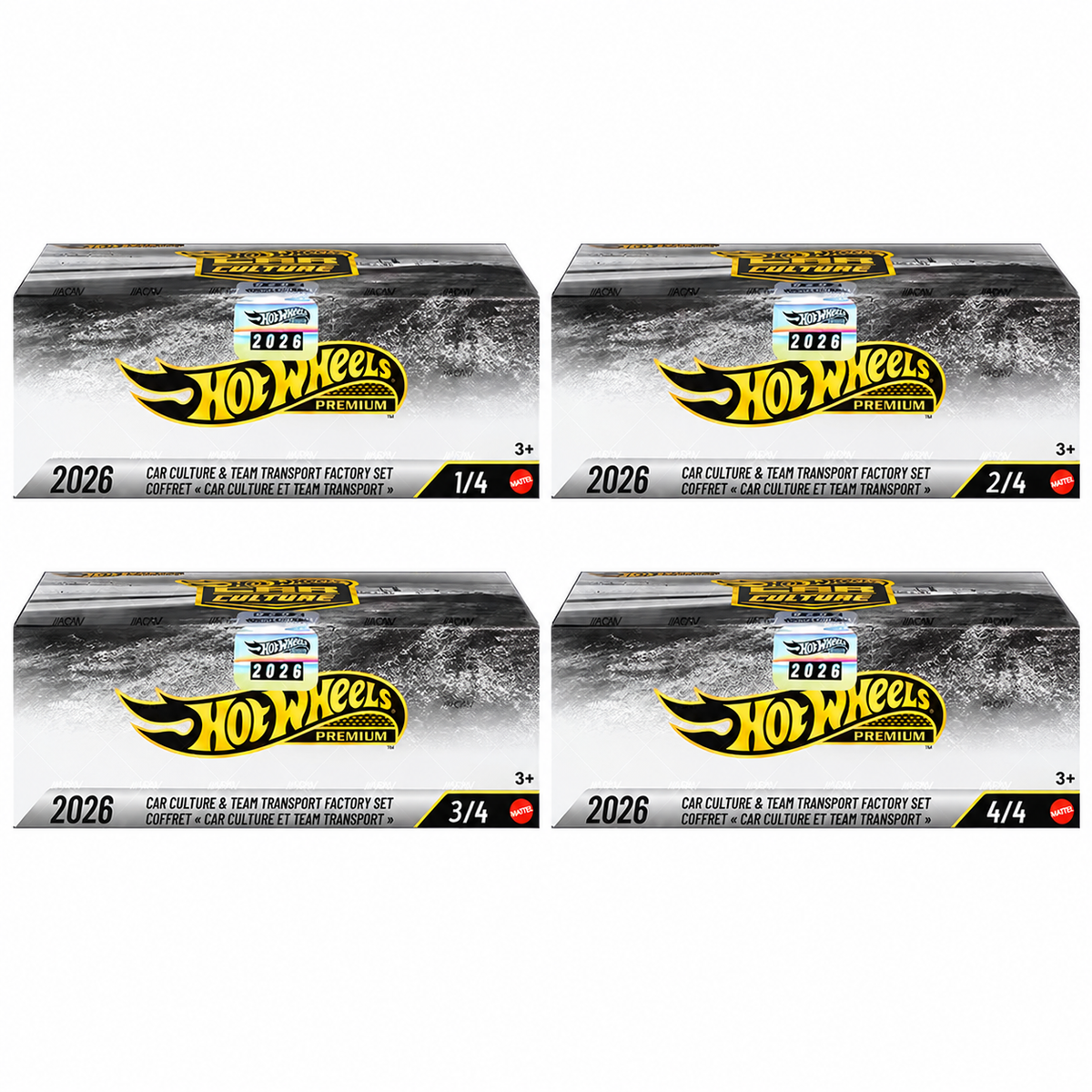 Hot Wheels 2026 Factory Set bundle with all four boxes numbered 1/4, 2/4, 3/4 and 4/4