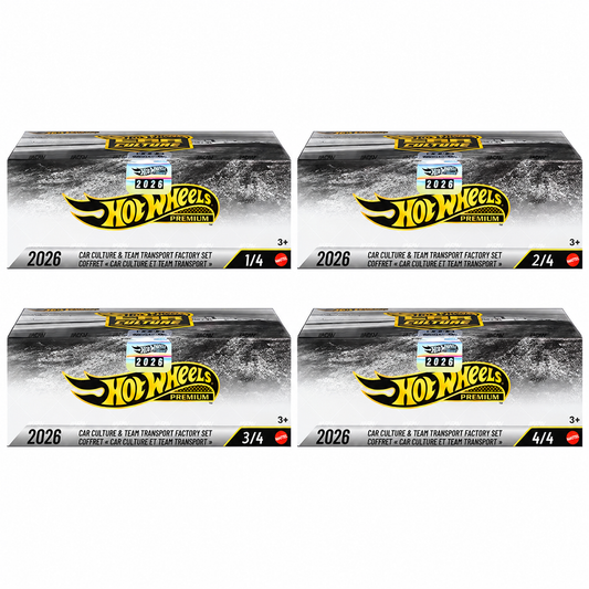Hot Wheels 2026 Factory Set bundle with all four boxes numbered 1/4, 2/4, 3/4 and 4/4