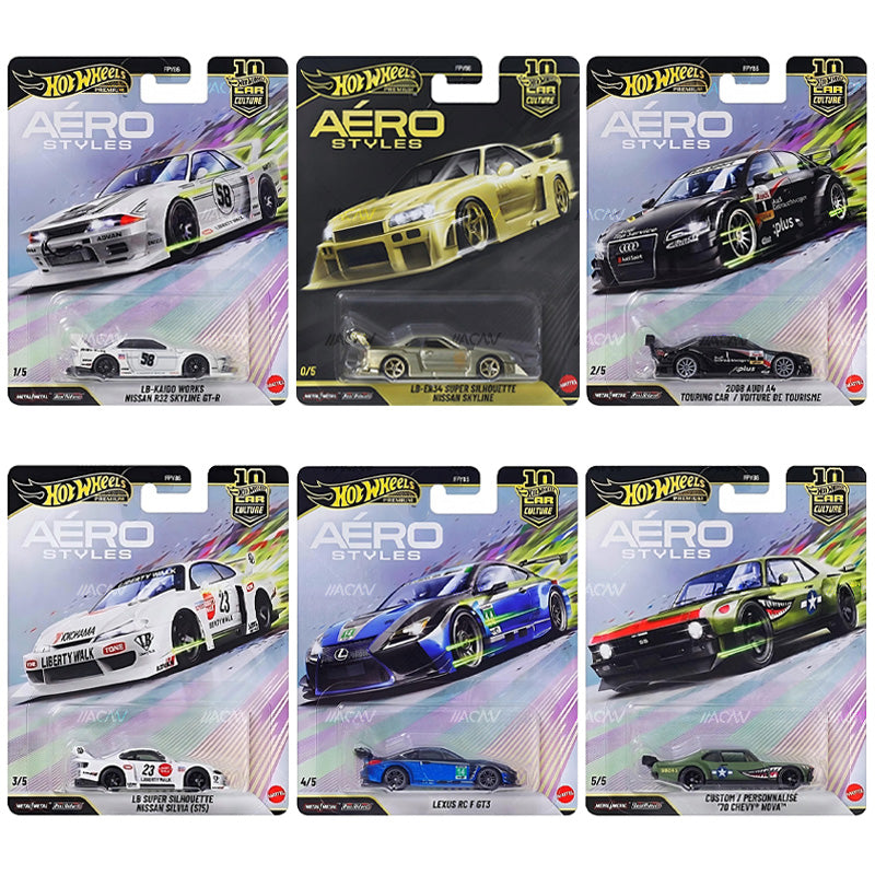 Hot Wheels Aero Styles 2026 complete set with gold LB-ER34 Super Silhouette chase
