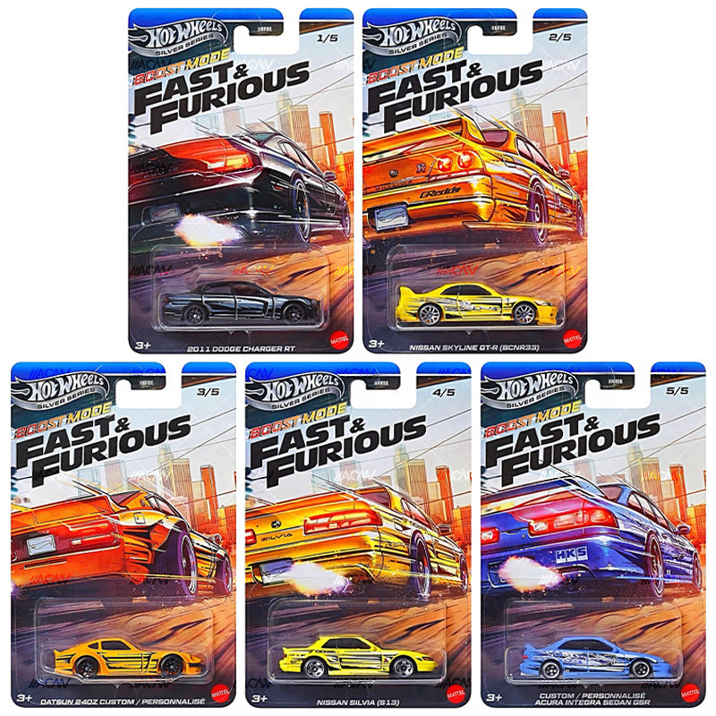 Hot Wheels Fast & Furious Silver Series 2027 Mix 2S, five individually carded models