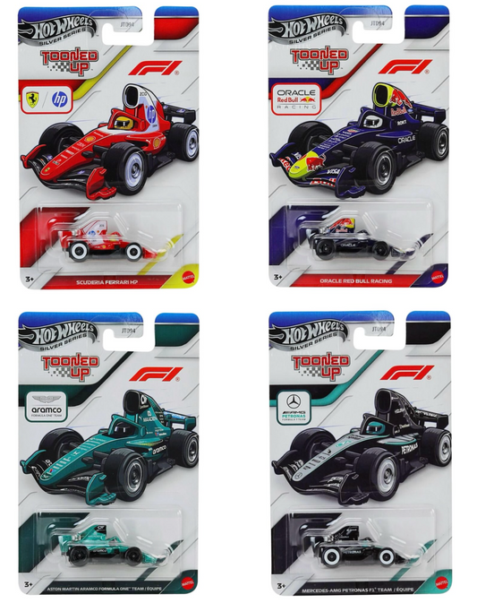 Hot Wheels Formula 1 Silver Series 2027 Mix 1A case assortment featuring Ferrari, Red Bull, Aston Martin and Mercedes
