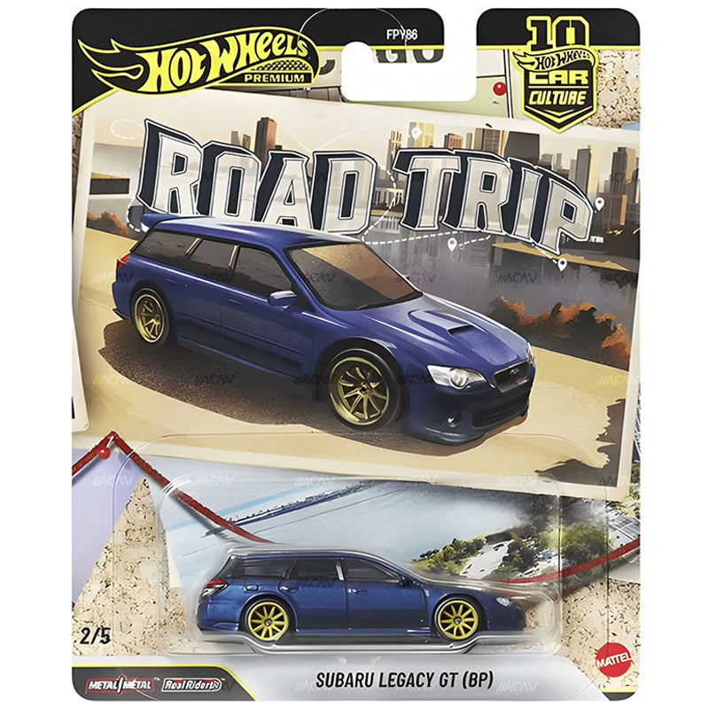 Hot Wheels Premium Car Culture Road Trip Subaru Legacy GT BP JKF07 blue with gold wheels in carded packaging