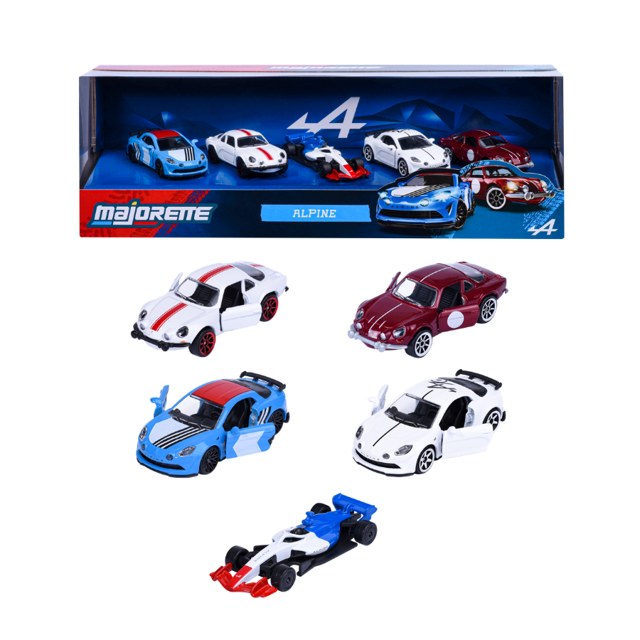 Majorette Alpine five-car gift pack with four Alpine A110 cars and tricolour Formula 1 car