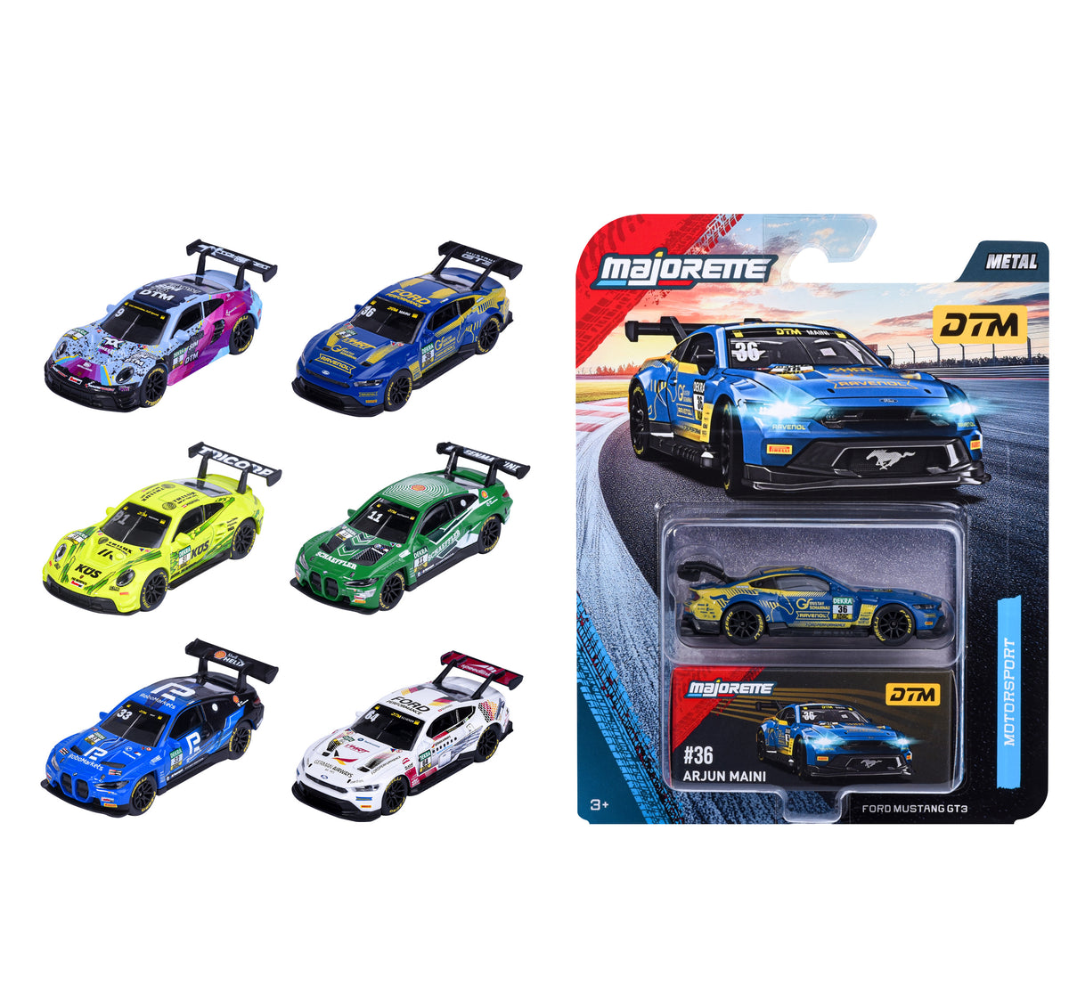 Majorette DTM Motorsport Deluxe complete set of six BMW, Porsche and Ford race cars, with example individual retail packaging