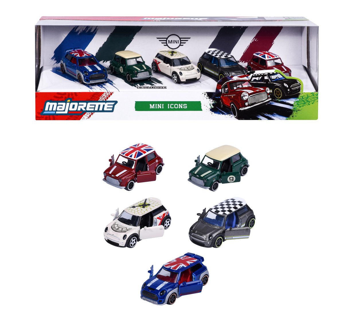 Majorette Mini Icons five-car gift pack showing classic Mini and modern MINI models