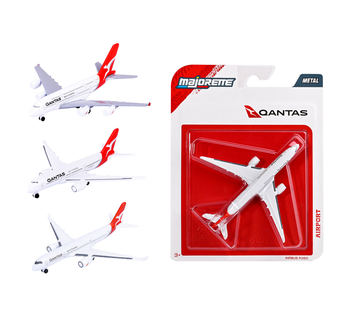 Majorette Qantas aircraft assortment: Boeing 787 Dreamliner, Airbus A380 and Airbus A350 with retail packaging