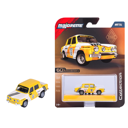 Majorette Collection Series 6 1966 Renault R8 Gordini Yellow / White 1:64 model and display case packaging MJ82003