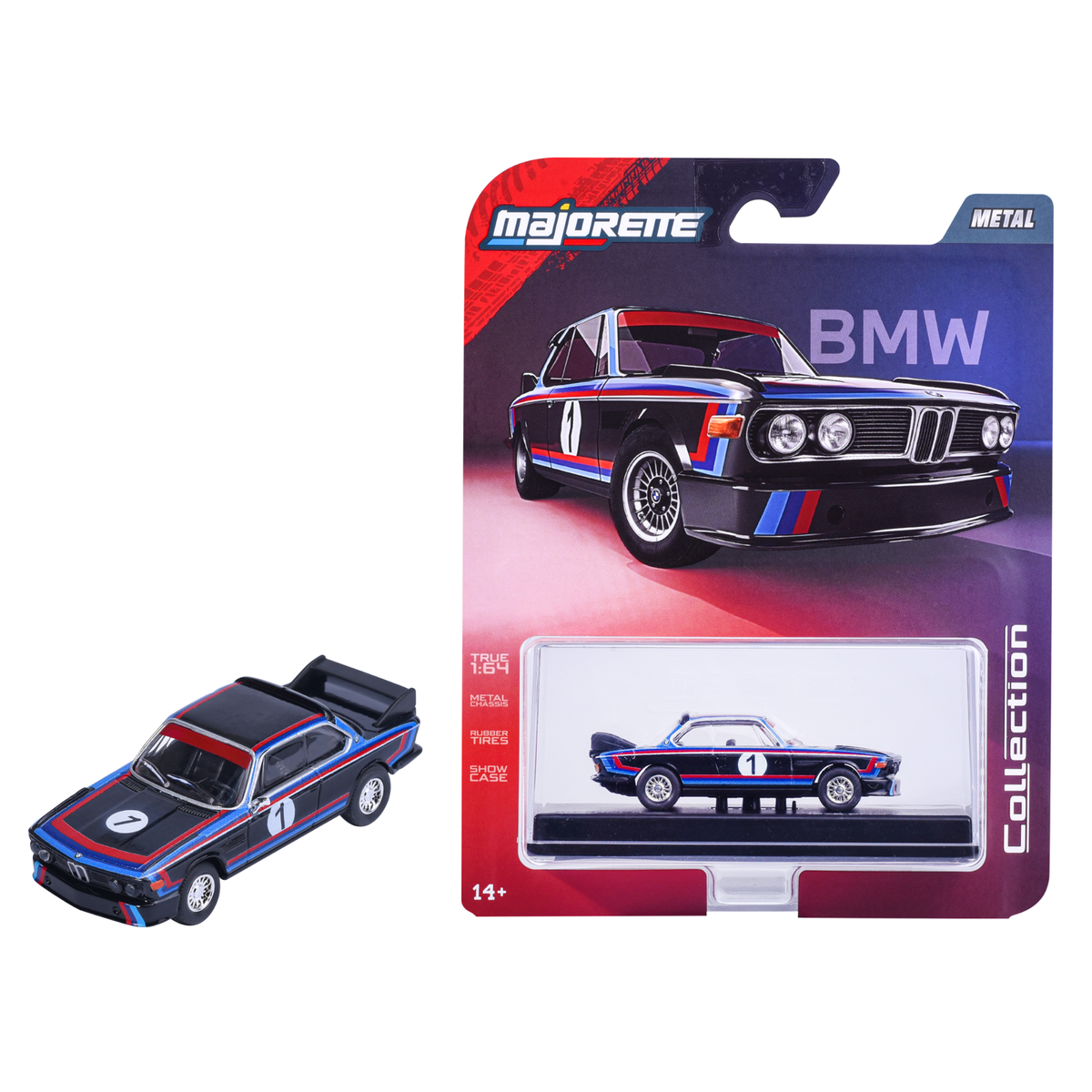Majorette Collection Series 6 1975 BMW 3.0 CSL Black 1:64 model and display case packaging MJ82010