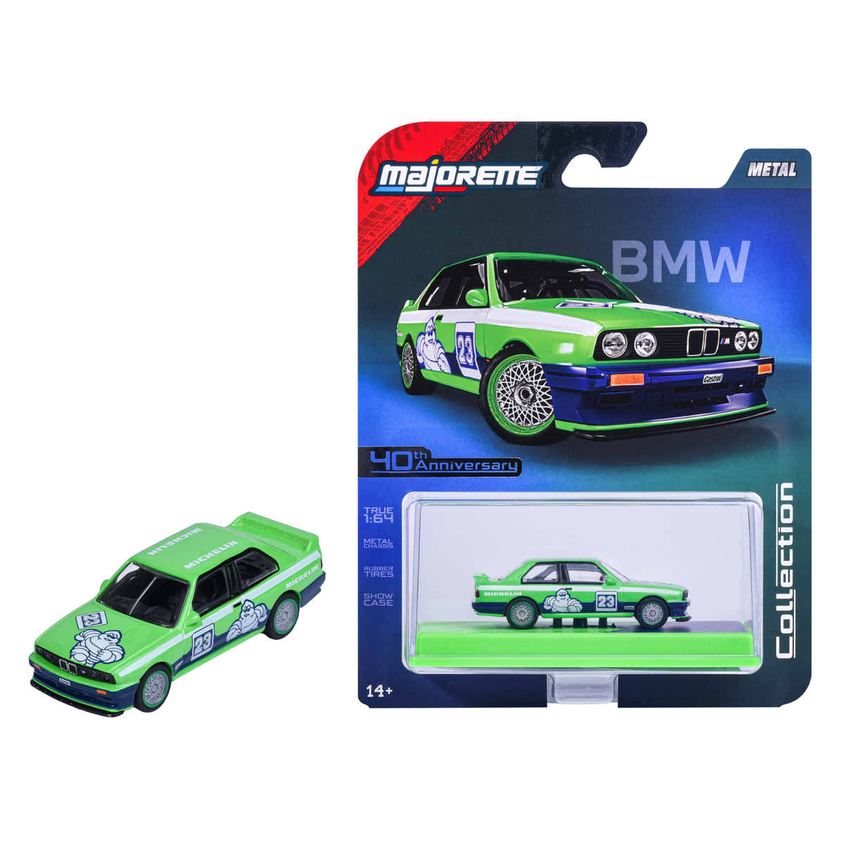 Majorette Collection Series 6 1986 BMW M3 E30 Green 1:64 model and display case packaging MJ82027