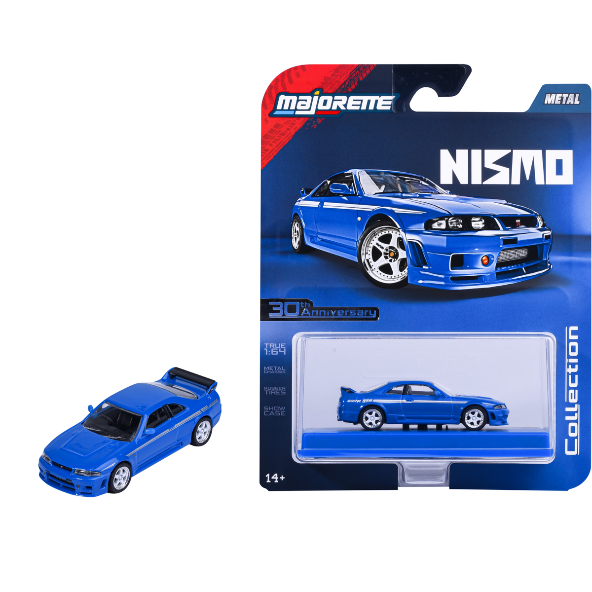 Majorette Collection Series 6 1996 Nissan Skyline R33 Nismo 400R Blue 1:64 model and display case packaging MJ82119