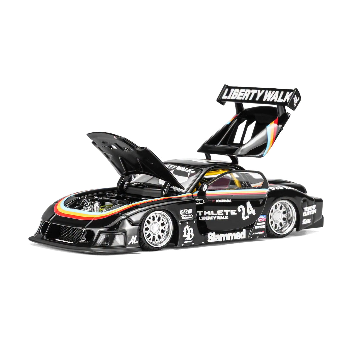 Motorhelix 1:64 LB-Super Silhouette Mazda RX-7 FD3S Athlete – M61112 – front view with bonnet, doors and rear hatch open