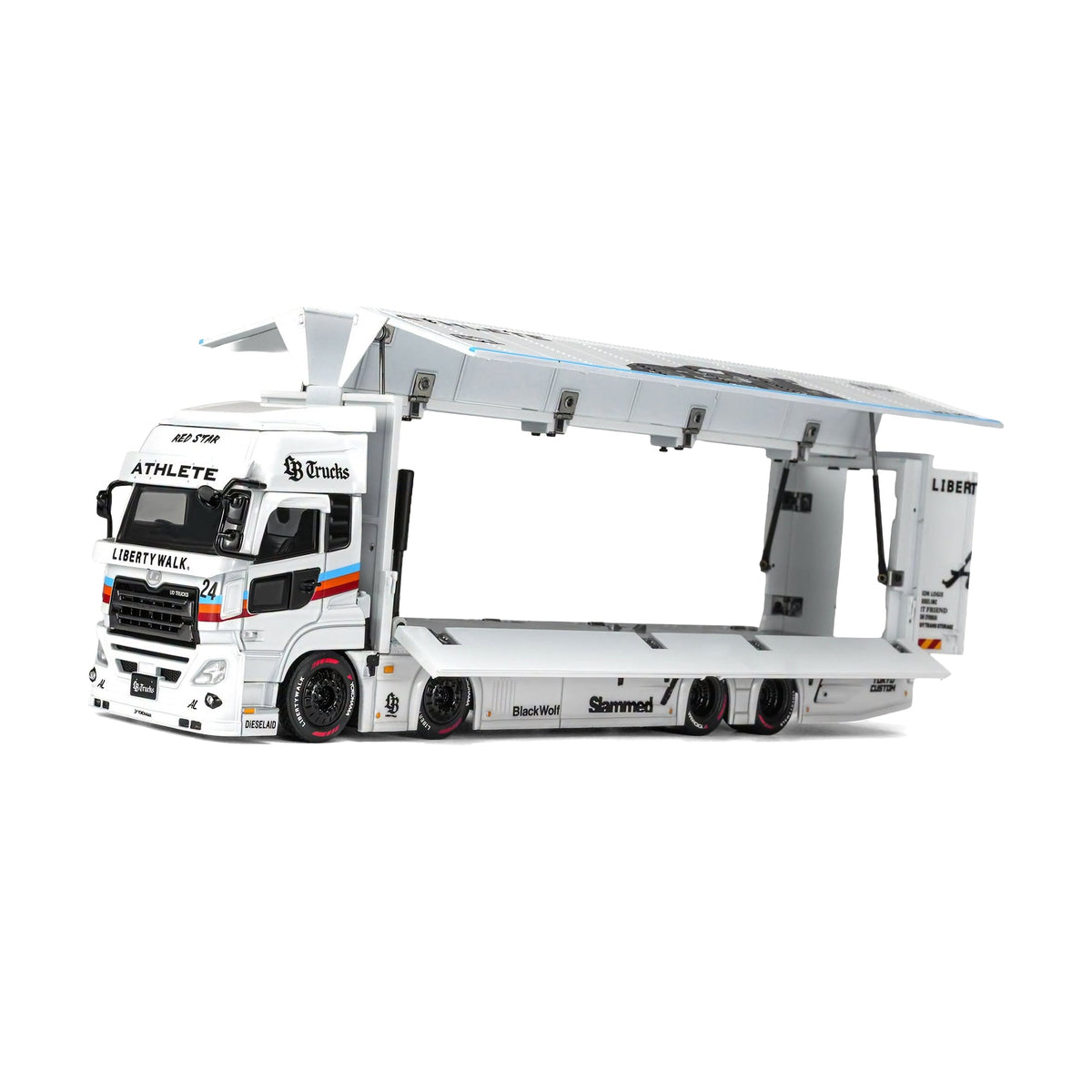 Motorhelix 1:64 LB Trucks UD Quon Cargo Athlete White – M61252 – cargo body with side panels open