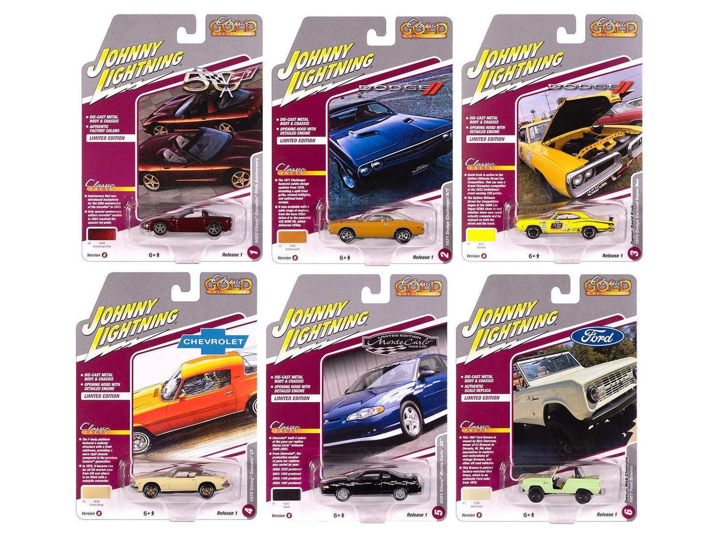 Johnny Lightning Classic Gold 2025 Release 1 Version B 1:64 Scale Die-Cast Metal Vehicle Set of 6