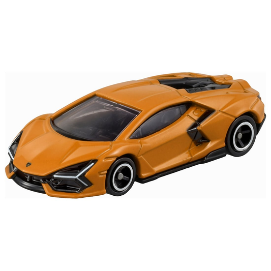 Tomica No.107 Lamborghini Revuelto model, front three-quarter view