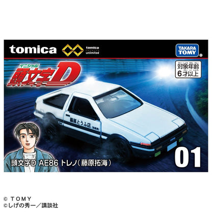 Tomica Premium Unlimited No.01 Initial D Toyota AE86 Trueno — Takumi Fujiwara retail packaging